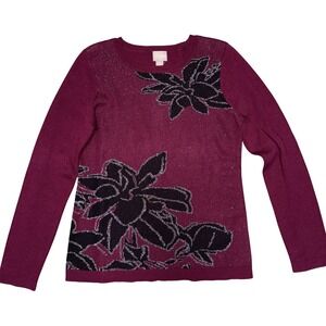NWT Chico's Burgundy Sparkle Floral Knit Sweater Women's Size 1